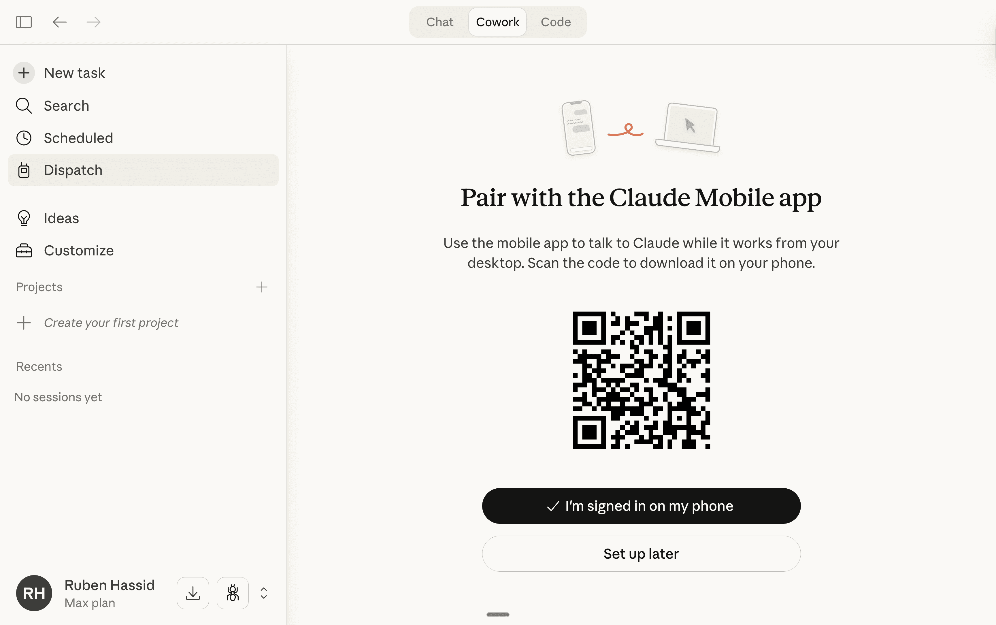 Pair with the Claude Mobile app — scan the QR code with your phone