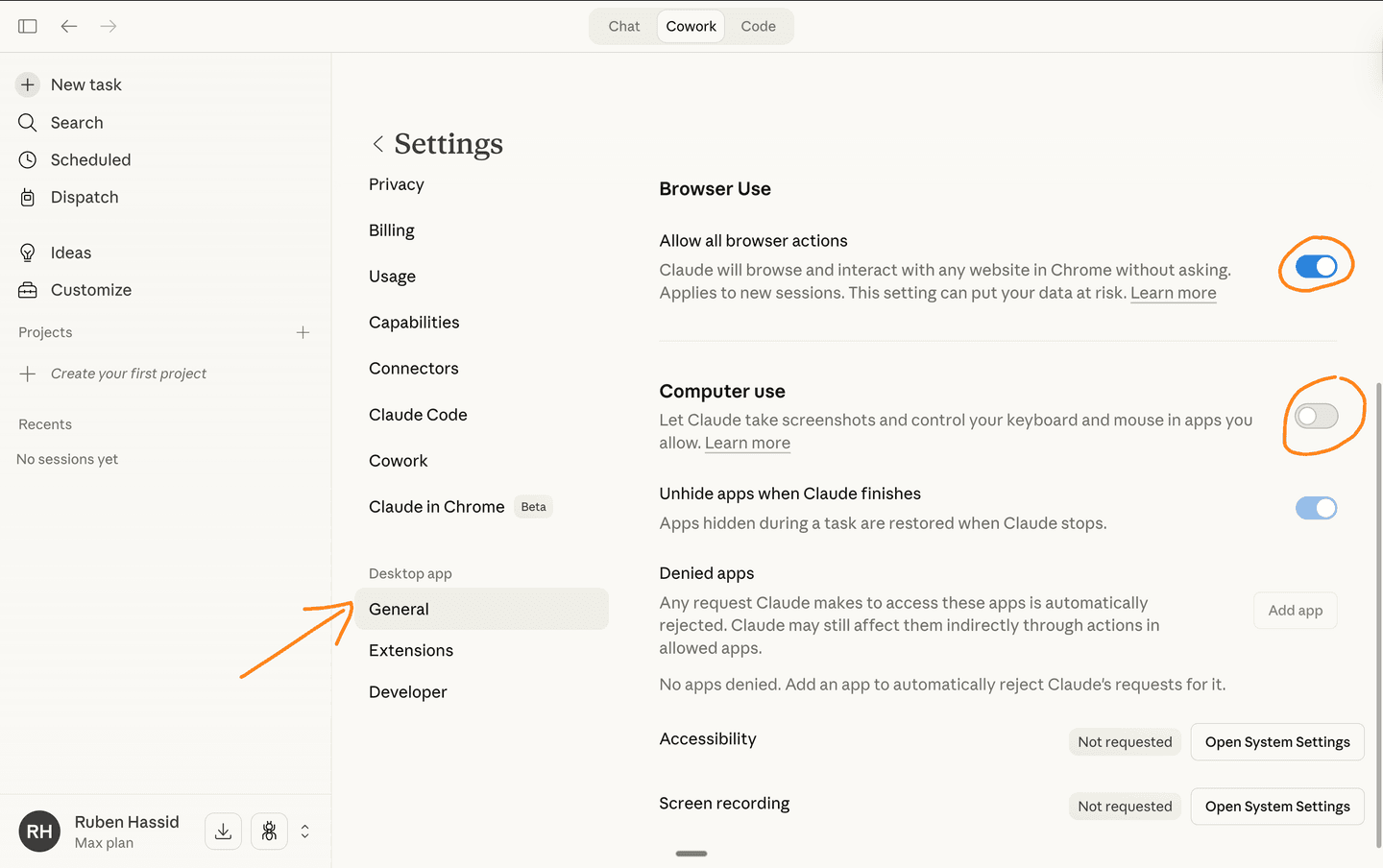 Claude Settings — Desktop app, General — toggle on Browser Use and Computer Use