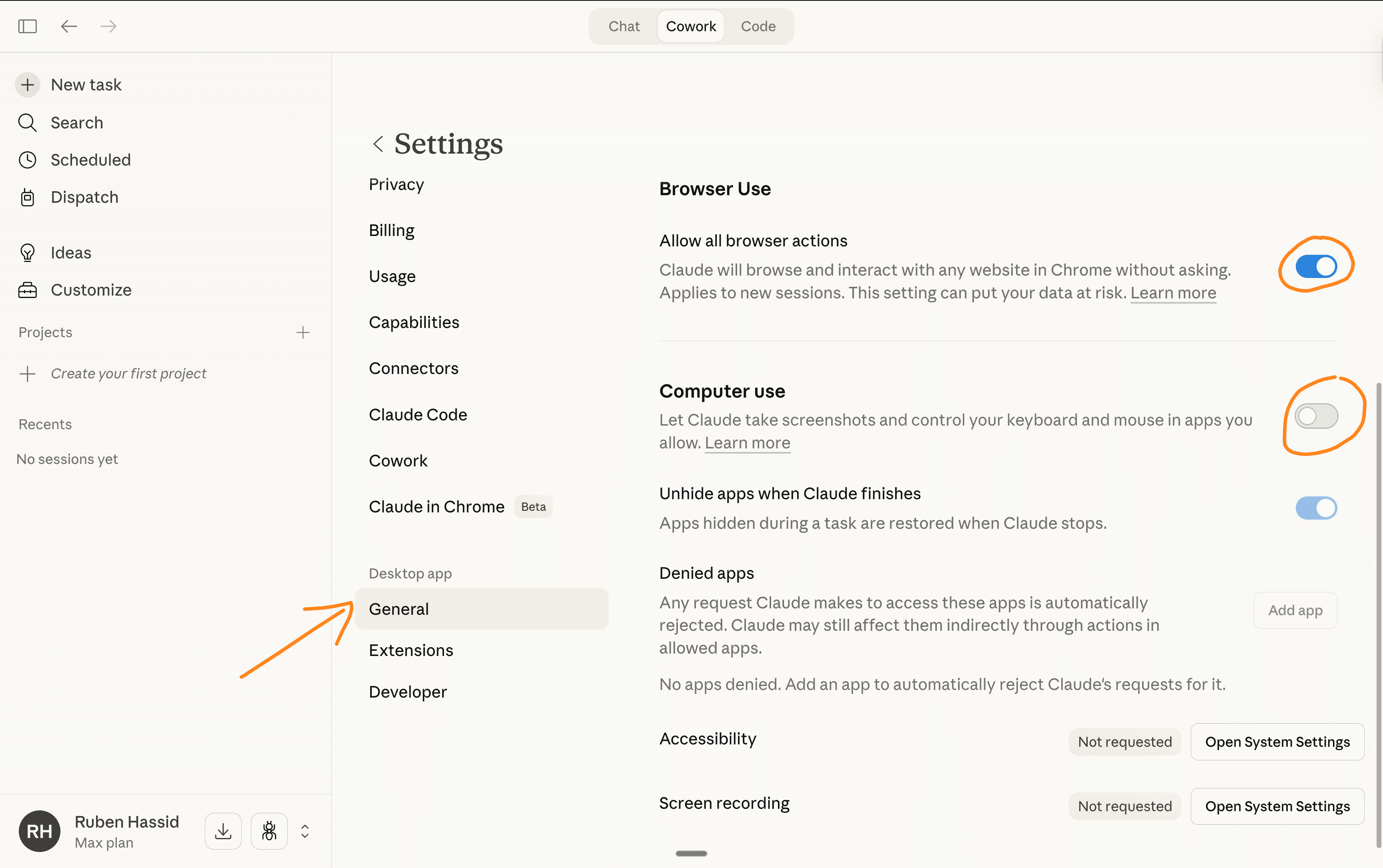 Claude Settings — Desktop app, General — toggle on Browser Use and Computer Use