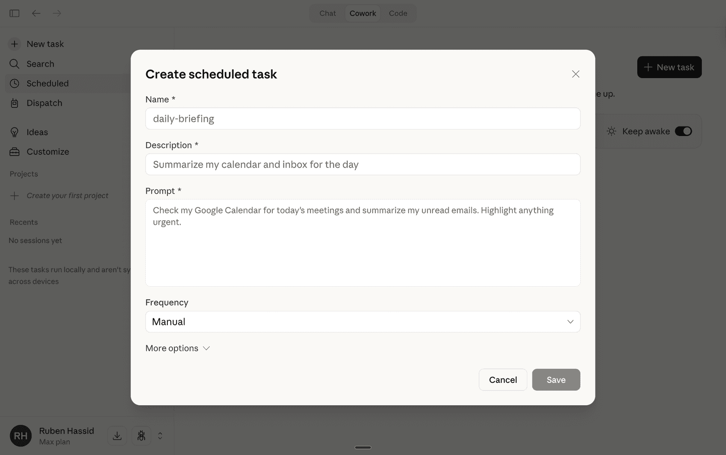 Create scheduled task form — name, description, prompt, and frequency