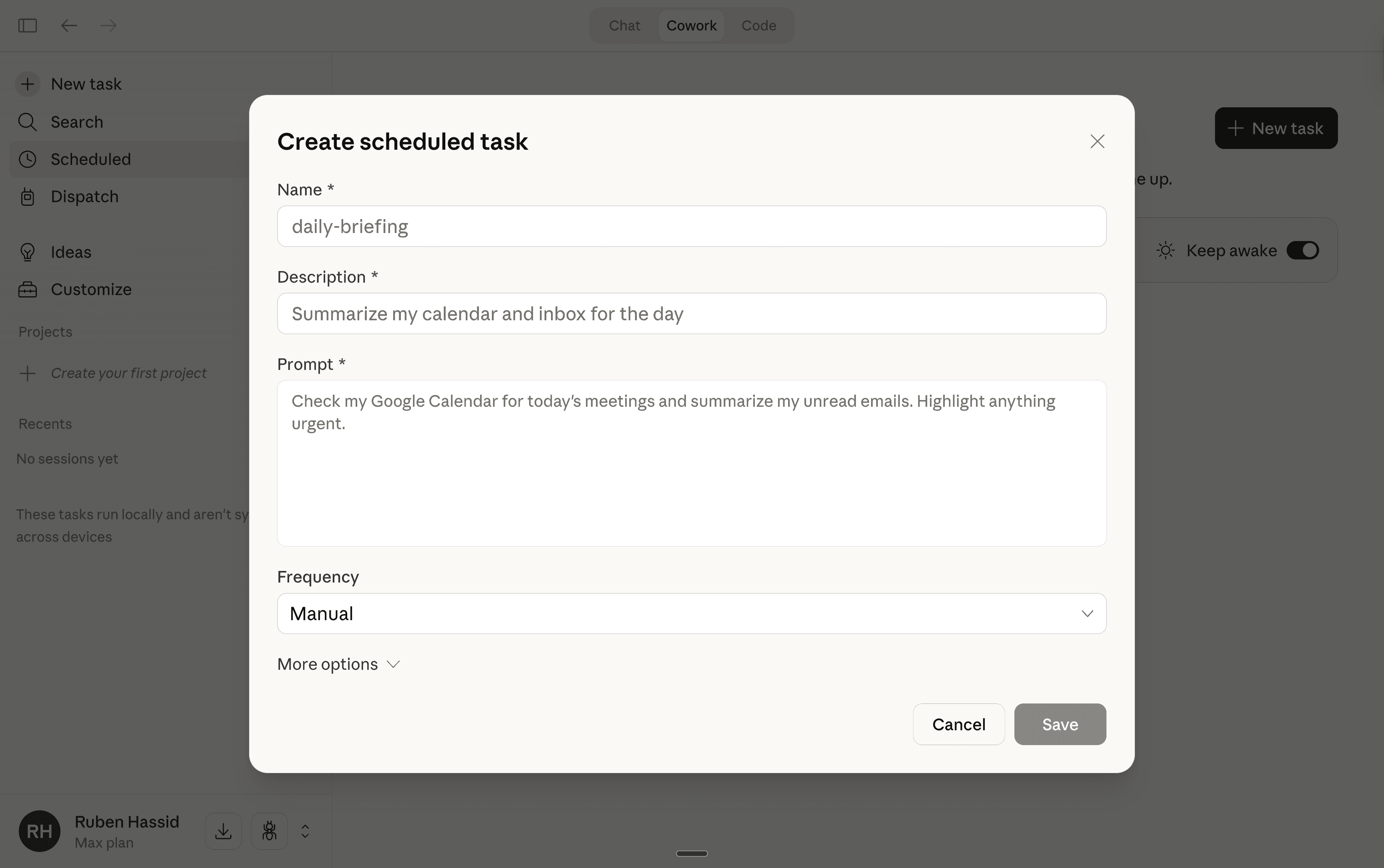 Create scheduled task form — name, description, prompt, and frequency