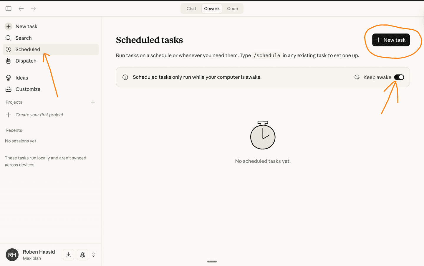 Cowork sidebar — click Scheduled, then + New task to create a recurring automation