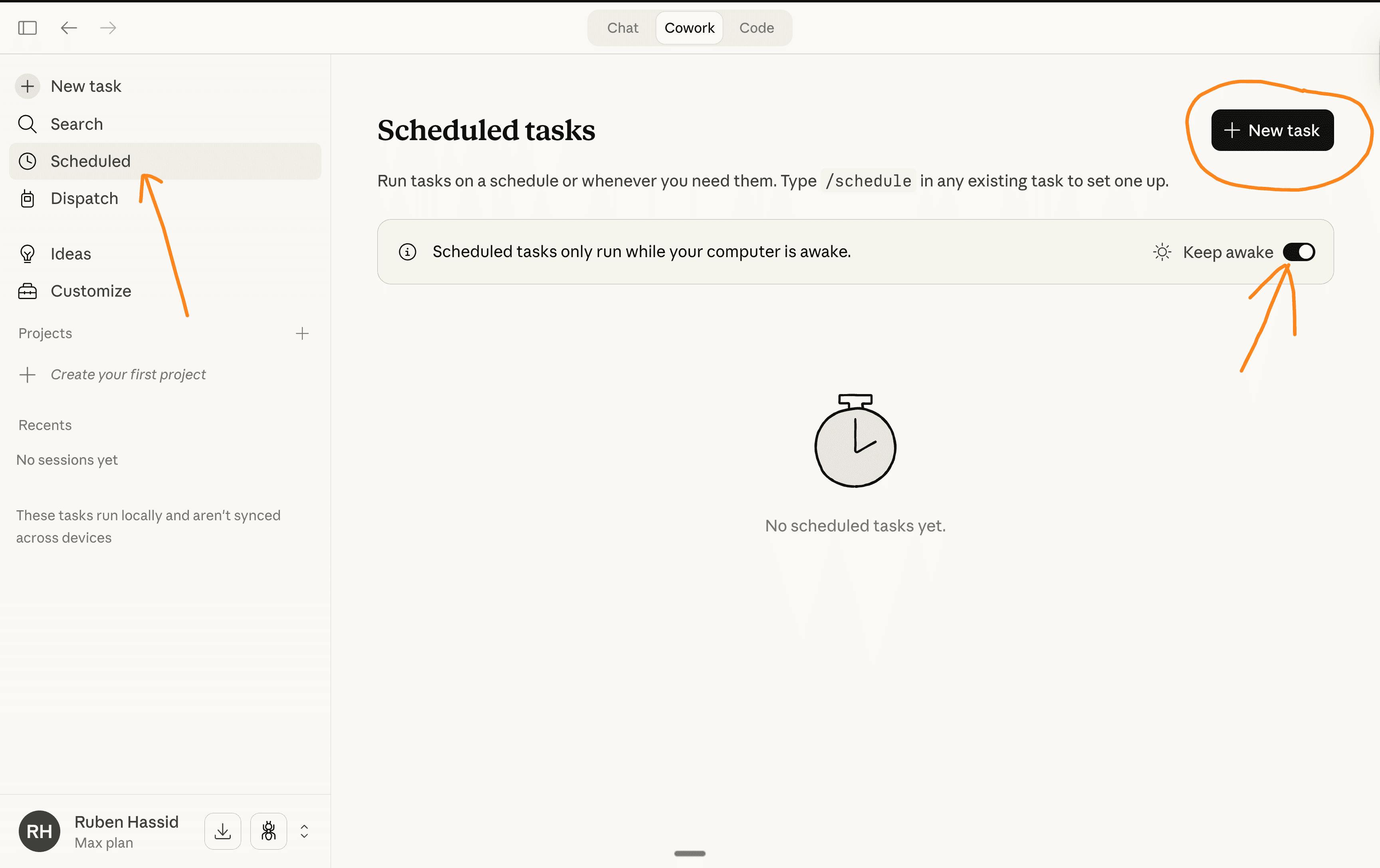 The Scheduled tasks panel inside Claude Cowork where recurring autonomous tasks are created and managed