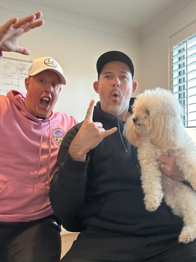 John, Leo, and Lexi the dog at Waboom AI