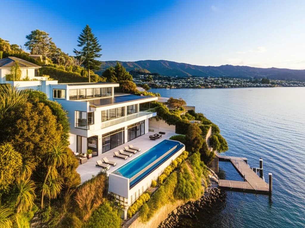 Luxury waterfront mansion in New Zealand with infinity pool