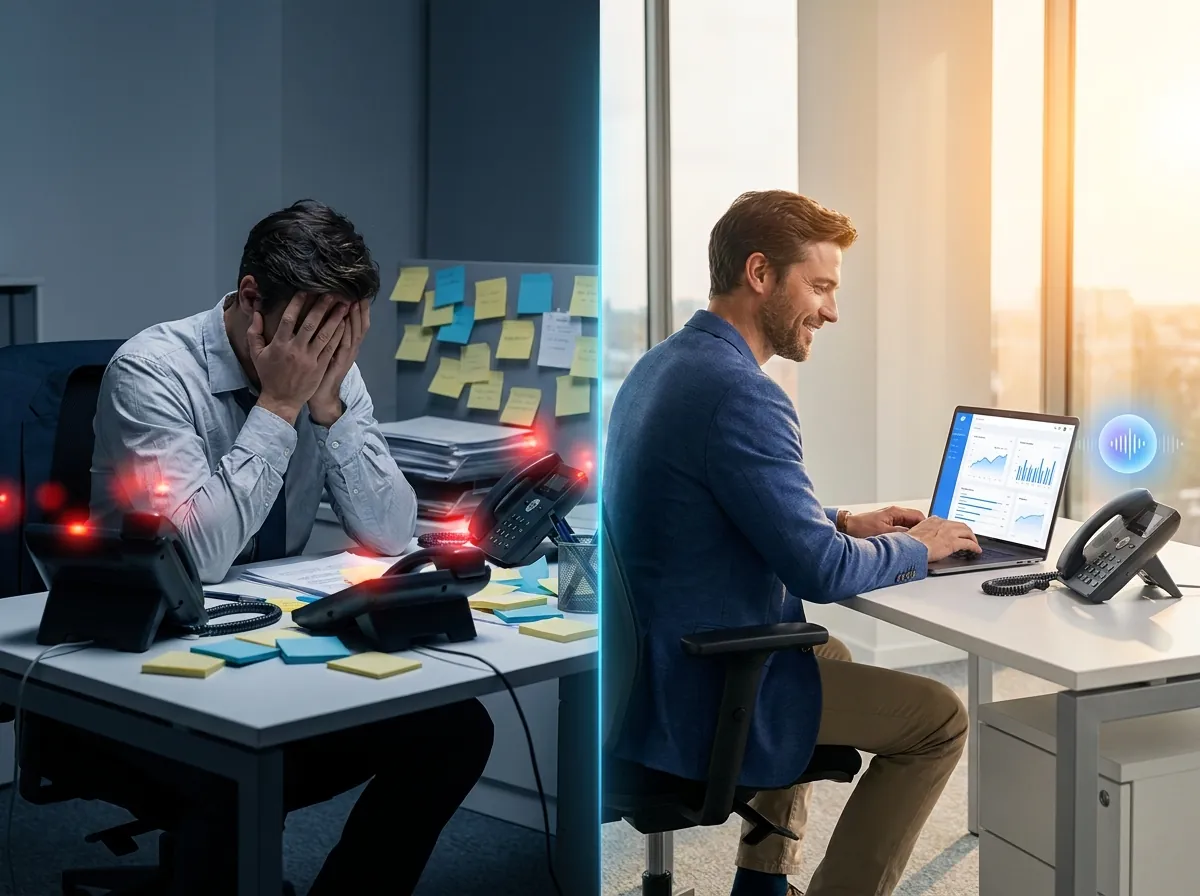 Before and after: a person buried in ringing phones, then doing focused work while the AI receptionist answers