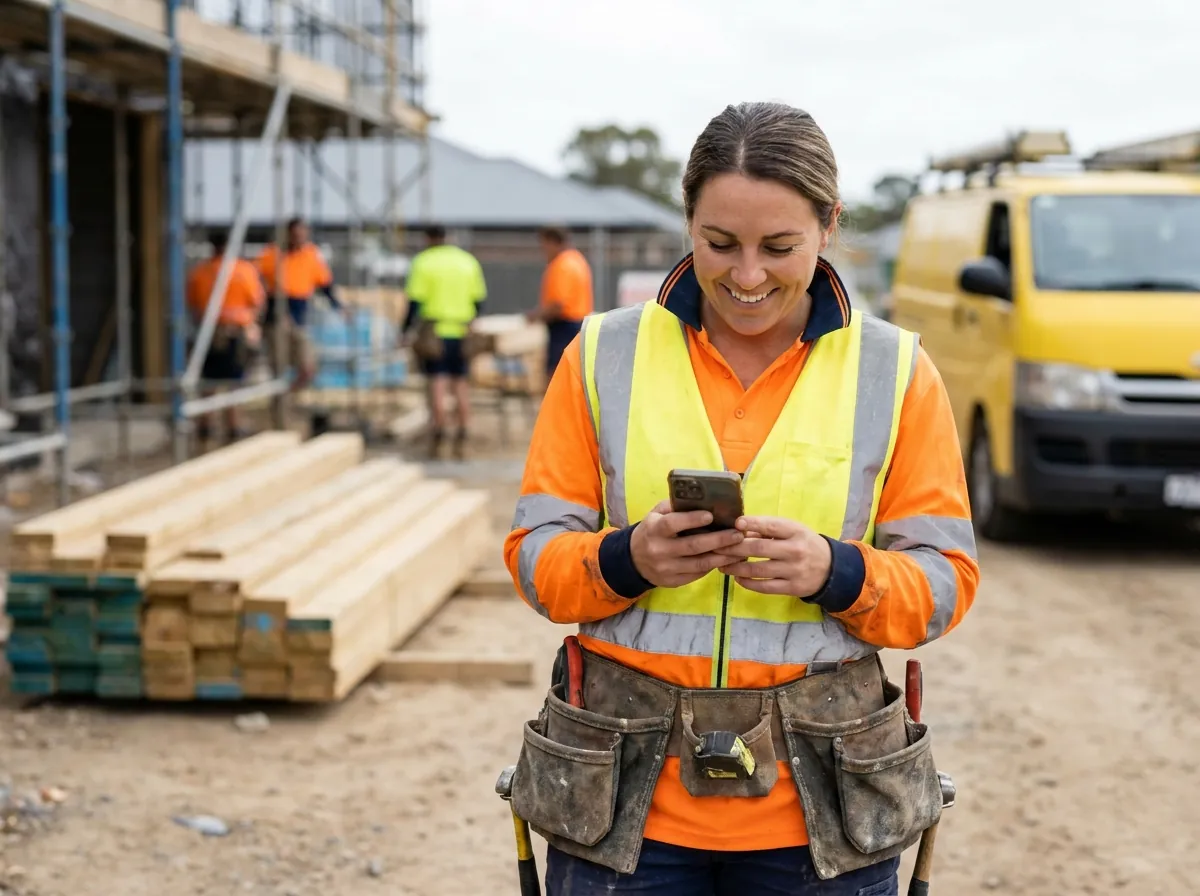Australian electrician checking her phone on a job site