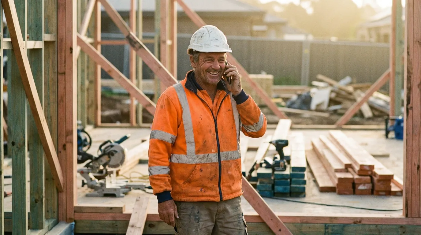 Australian tradie in hi-vis on a building site taking a phone call