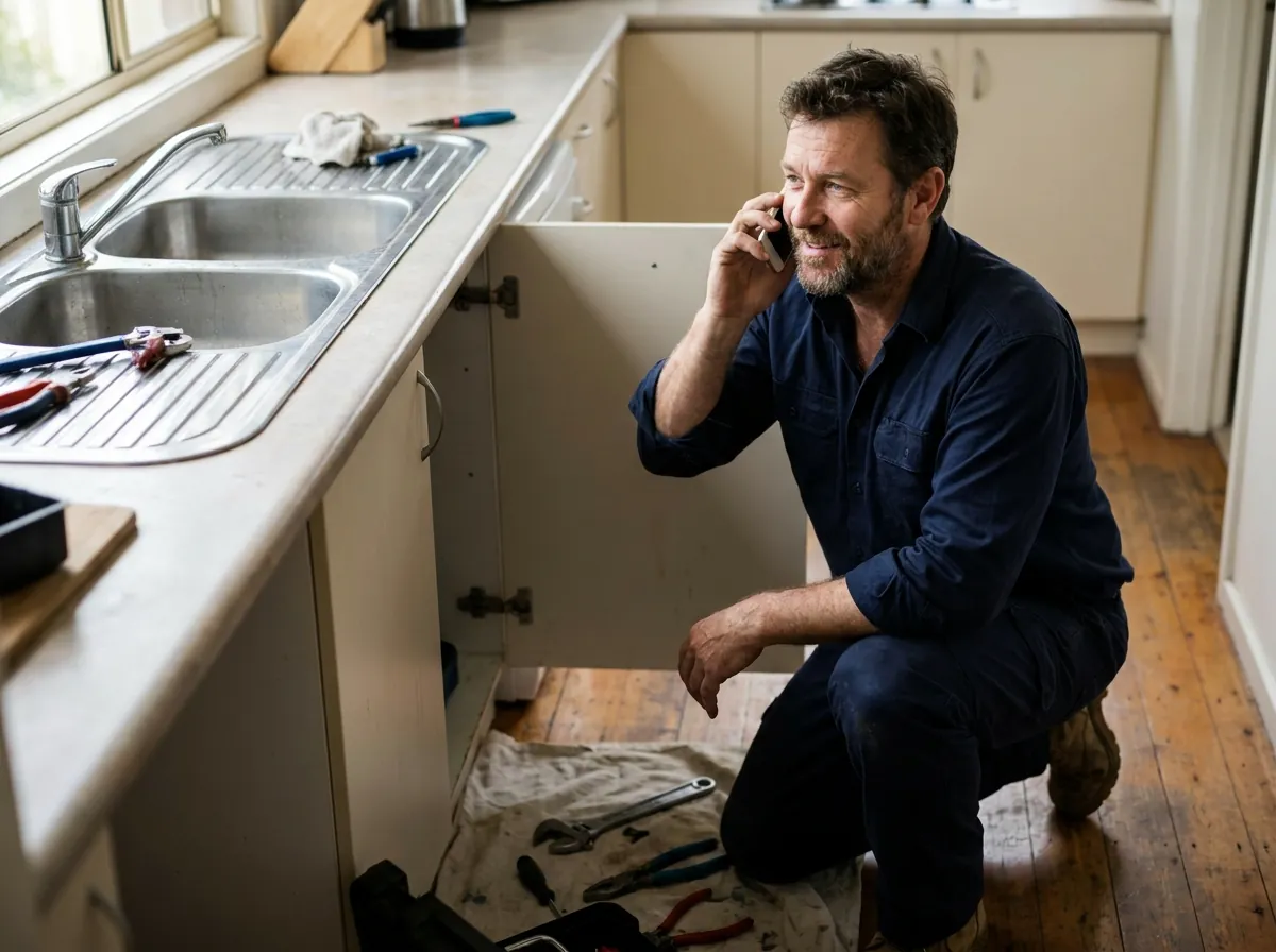 Australian plumber taking a customer call on a job
