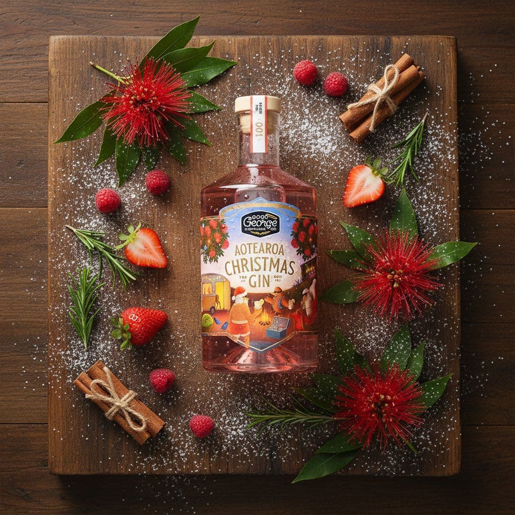 AI generated product photography for Good George Aotearoa Christmas Gin