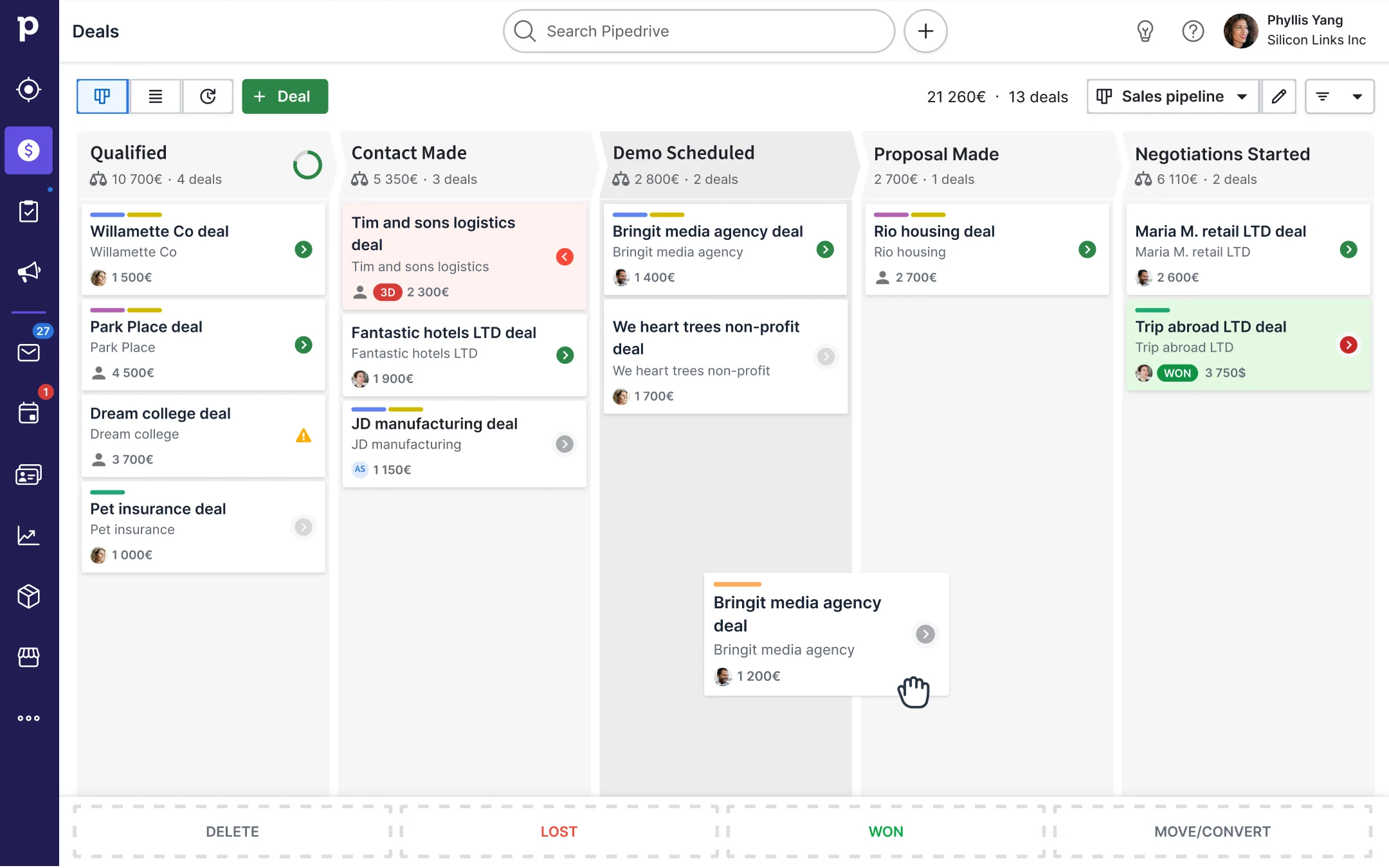 Pipedrive sales pipeline board showing deals moving through Qualified, Contact Made, Demo Scheduled, Proposal Made and Negotiations stages