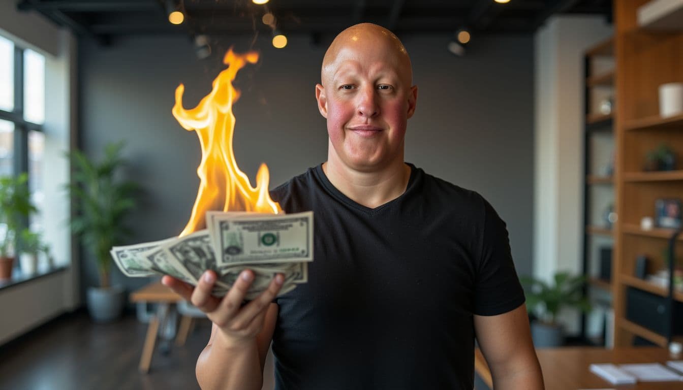 Leo holding burning cash, our money-back guarantee