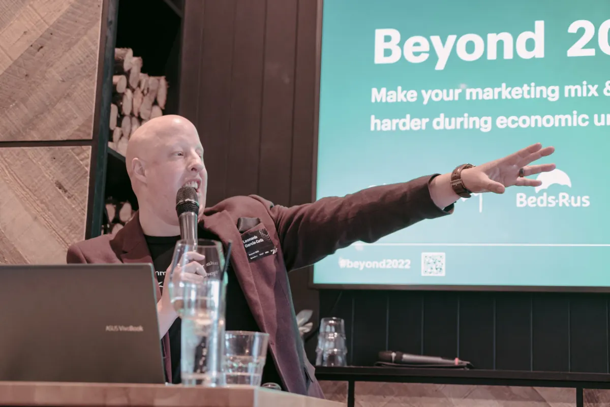 Leo Garcia-Curtis delivering a keynote at the Beyond 2022 conference