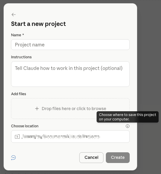 The Start a new project dialog showing the Name, Instructions, Add files, and Choose location fields