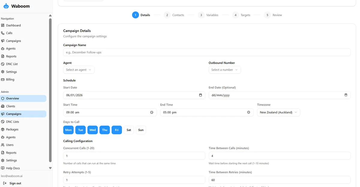 Waboom Campaign Manager โ configure outbound calling campaigns with scheduling, agent selection, and real-time tracking