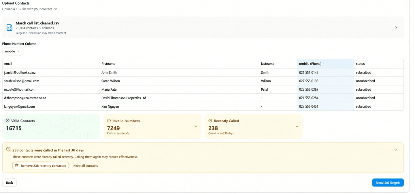 Waboom Contact Cleaner, upload contacts with instant validation