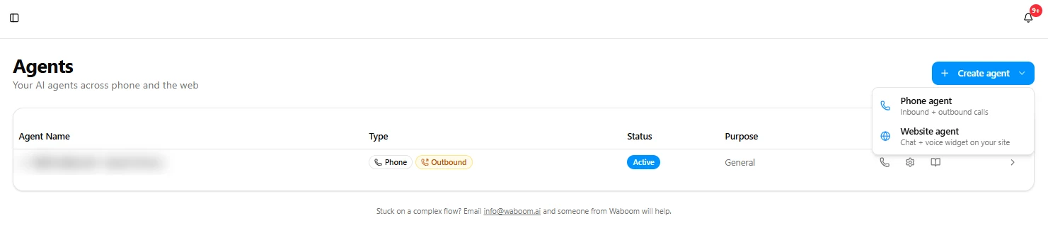 Creating an additional agent in the Waboom AI portal with its own script, voice and phone number