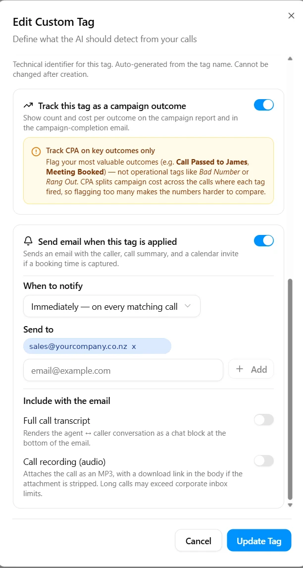 Tag notifications in the Waboom AI portal sending transcripts and recordings to a chosen email