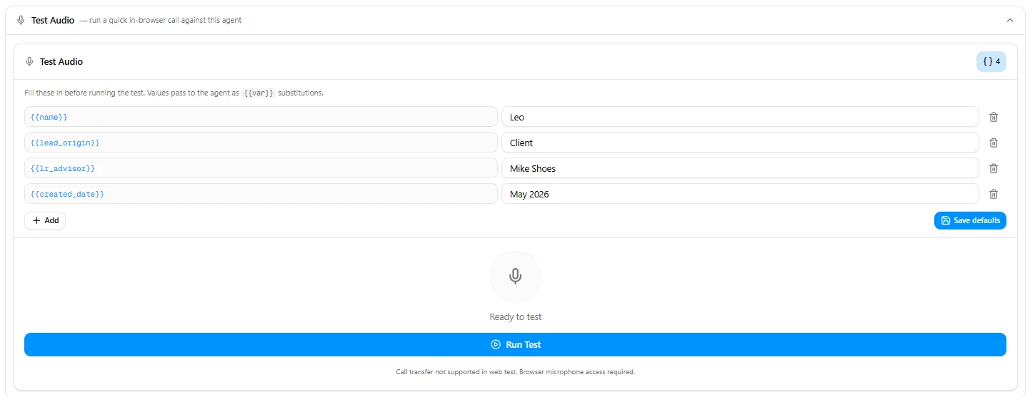 Testing agent audio directly in the Waboom AI portal before sending real calls