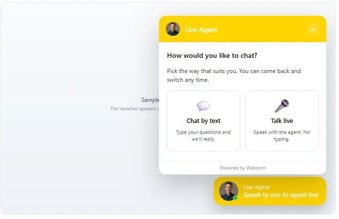 A Waboom AI website agent answering a visitor in the browser by voice or text