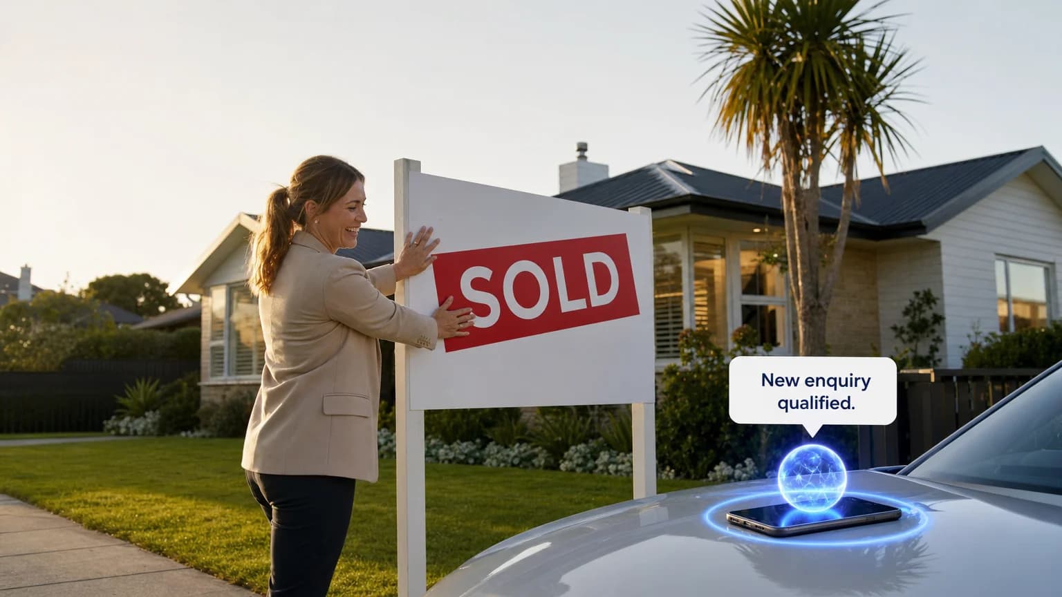 Real estate agent putting up a SOLD sign while her AI agent qualifies the next enquiry