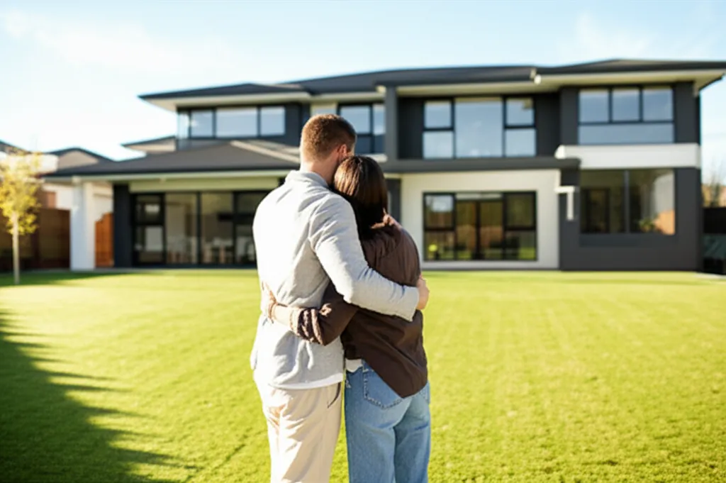 Happy couple looking at their new house in New Zealand