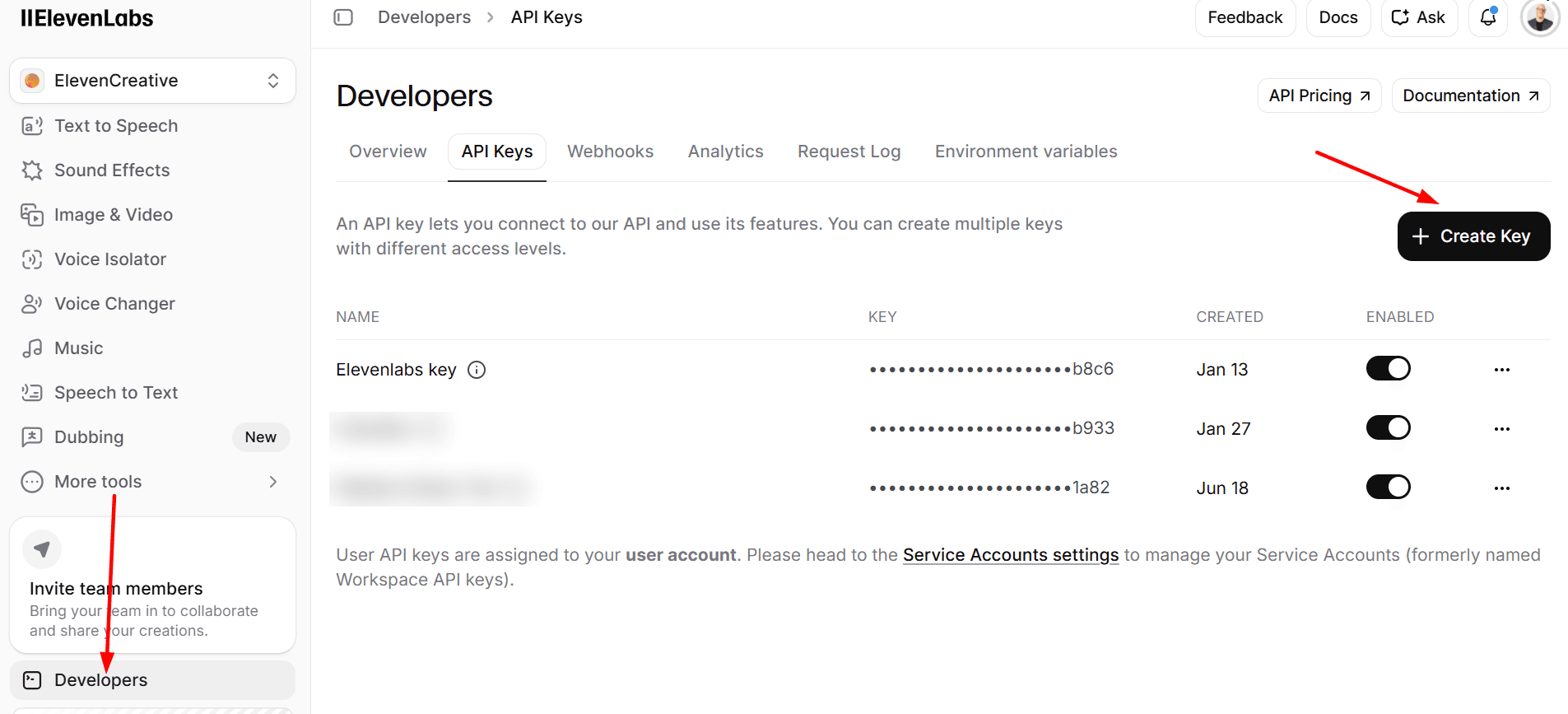 ElevenLabs Developers API Keys page with the Create Key button