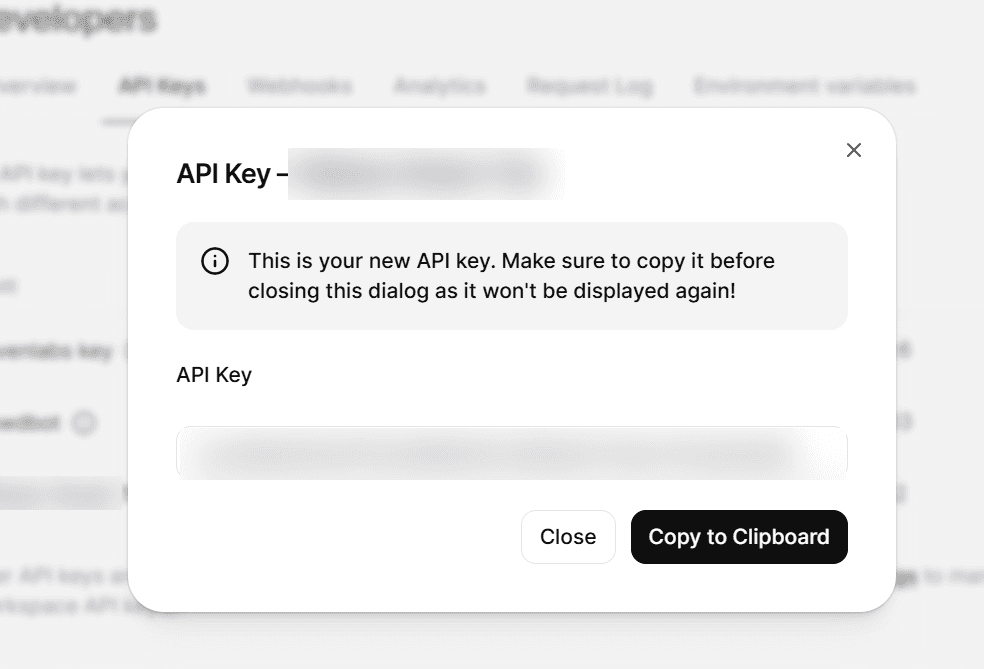 ElevenLabs new API key dialog with a Copy to Clipboard button