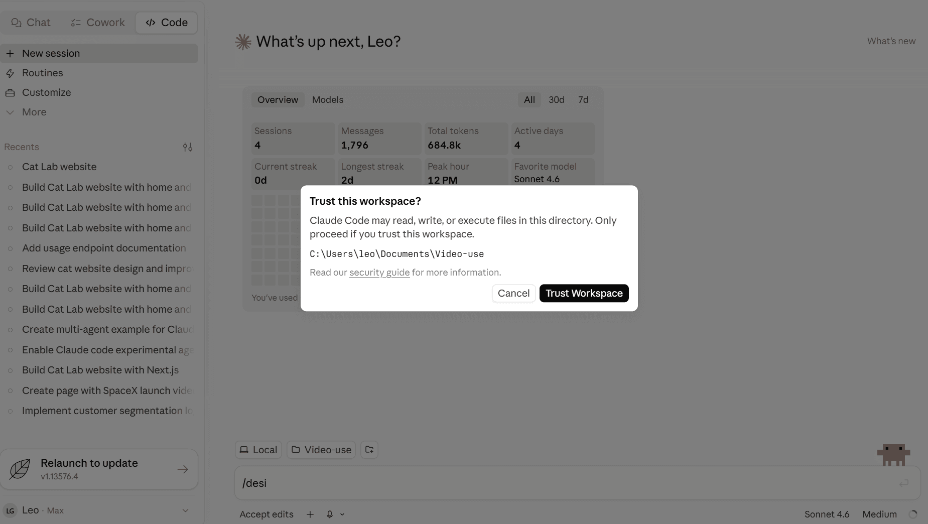 Claude Code Trust this workspace dialog