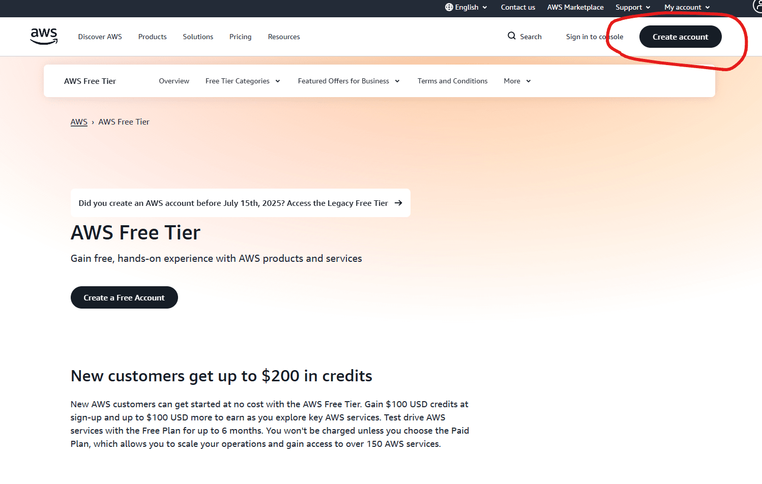 AWS Free Tier page with Create account button highlighted