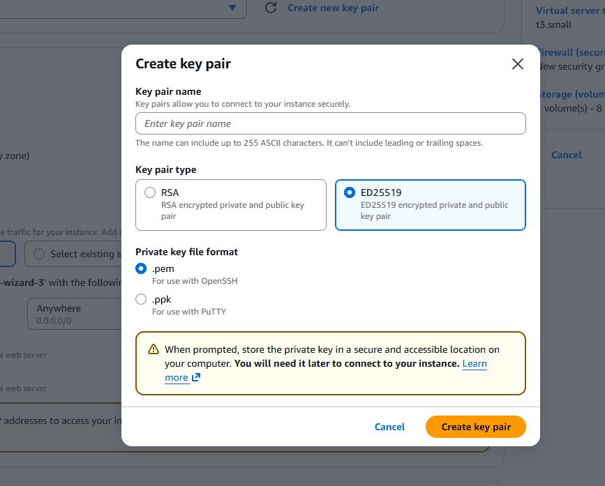 Create key pair dialog - select ED25519 and .pem format