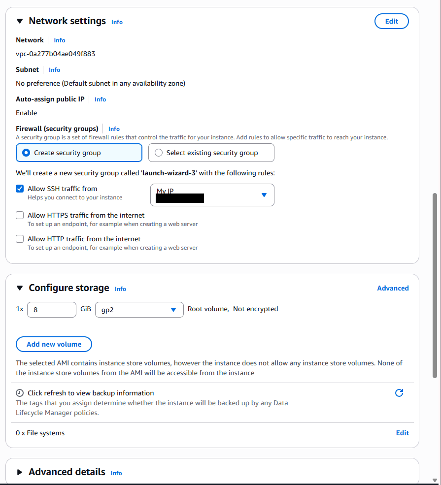 Network settings - Allow SSH traffic from My IP, and storage configuration