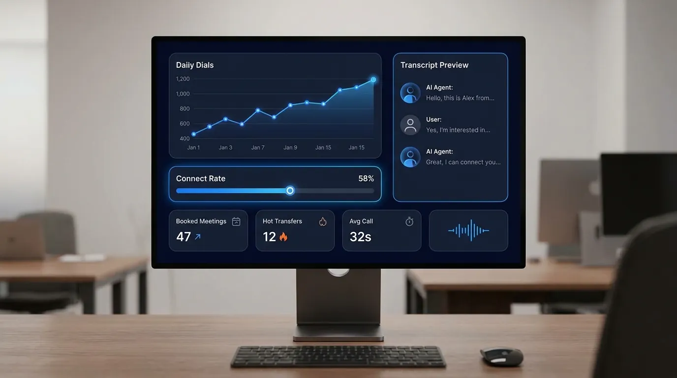 Waboom AI portal dashboard showing live campaign metrics, dials, connect rate, booked meetings, and call transcripts