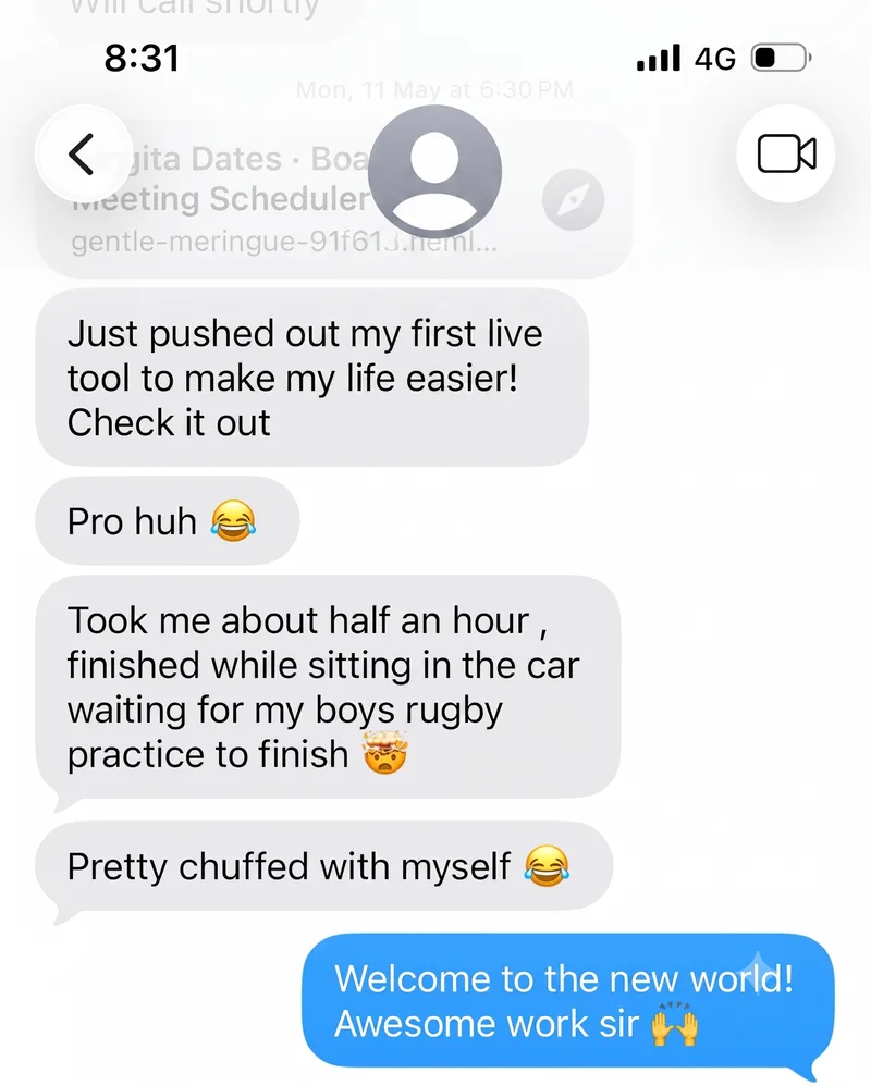 Text message: just pushed out my first live tool to make my life easier. Took about half an hour, finished while sitting in the car waiting for my boys rugby practice. Pretty chuffed with myself.