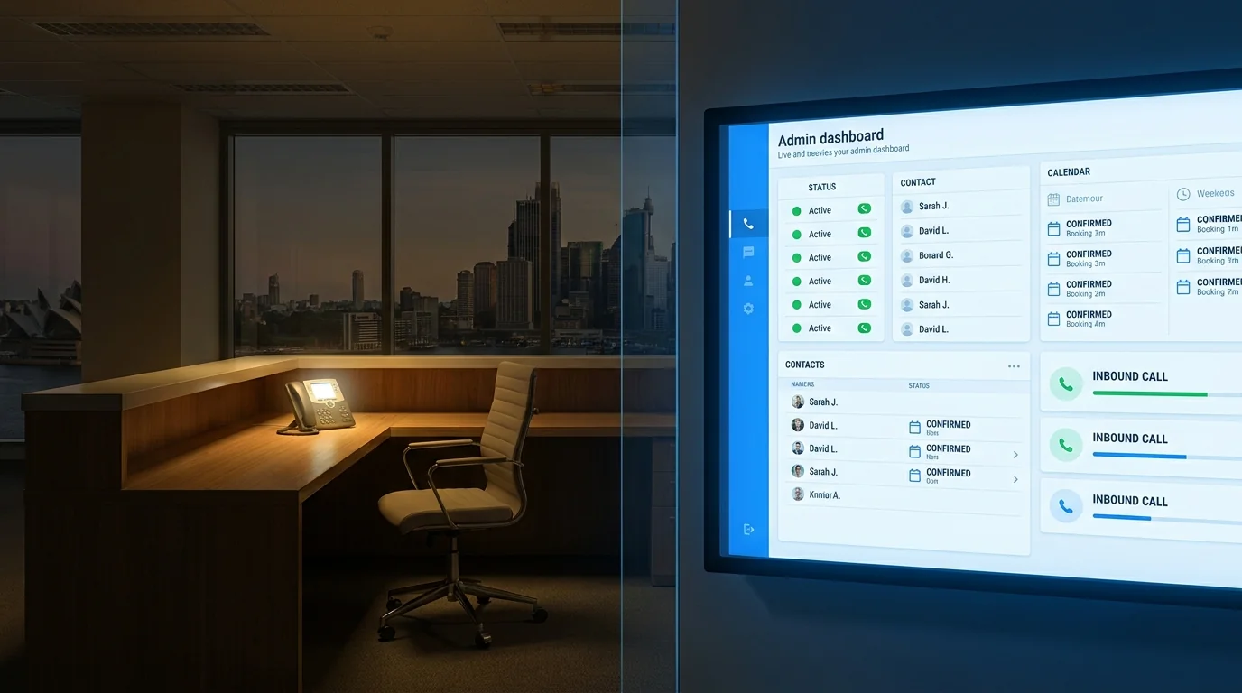An empty Aussie reception desk after hours next to a Waboom AI portal showing live calls answered and booked