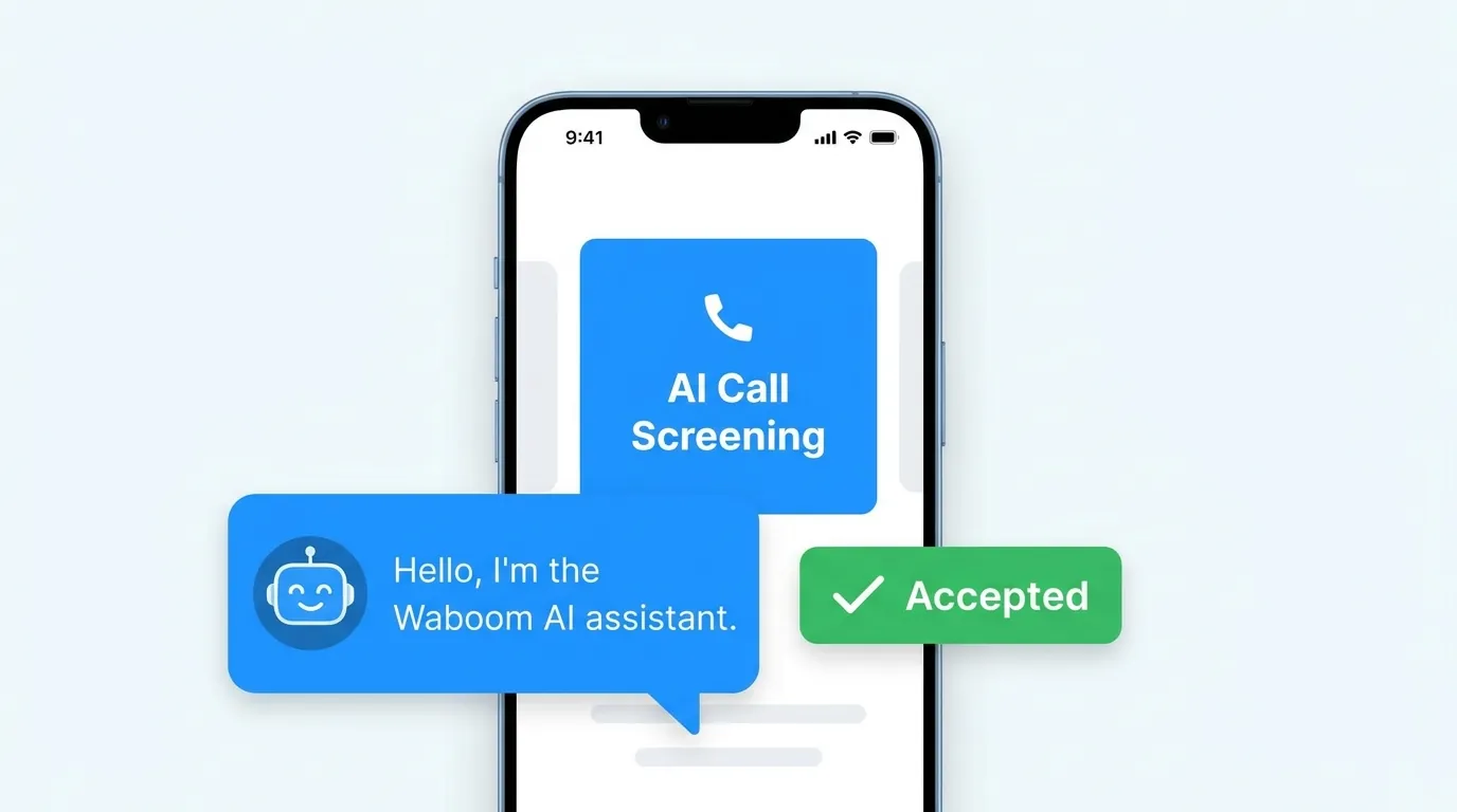 A Waboom AI agent introducing itself to Apple call screening and being accepted