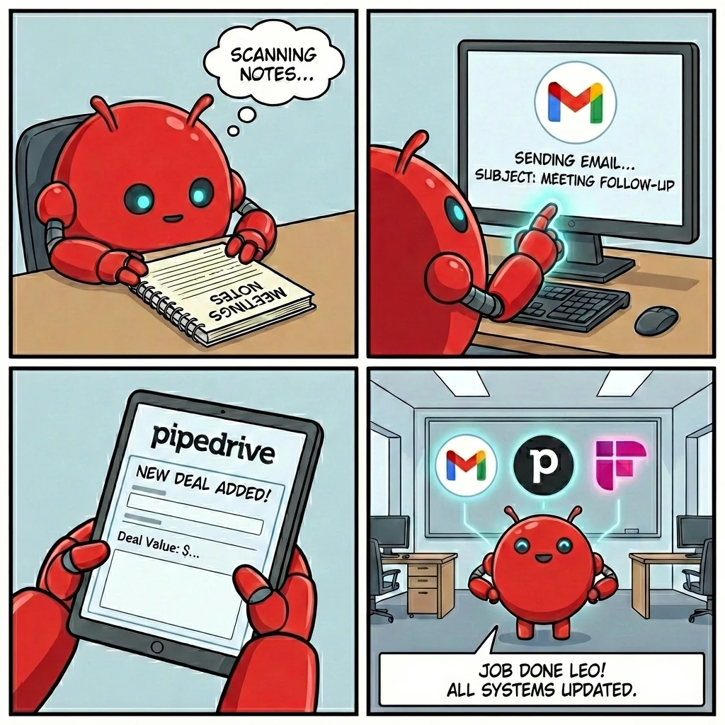 Comic showing AI robot automation workflow - scanning meeting notes, sending follow-up emails, updating Pipedrive CRM