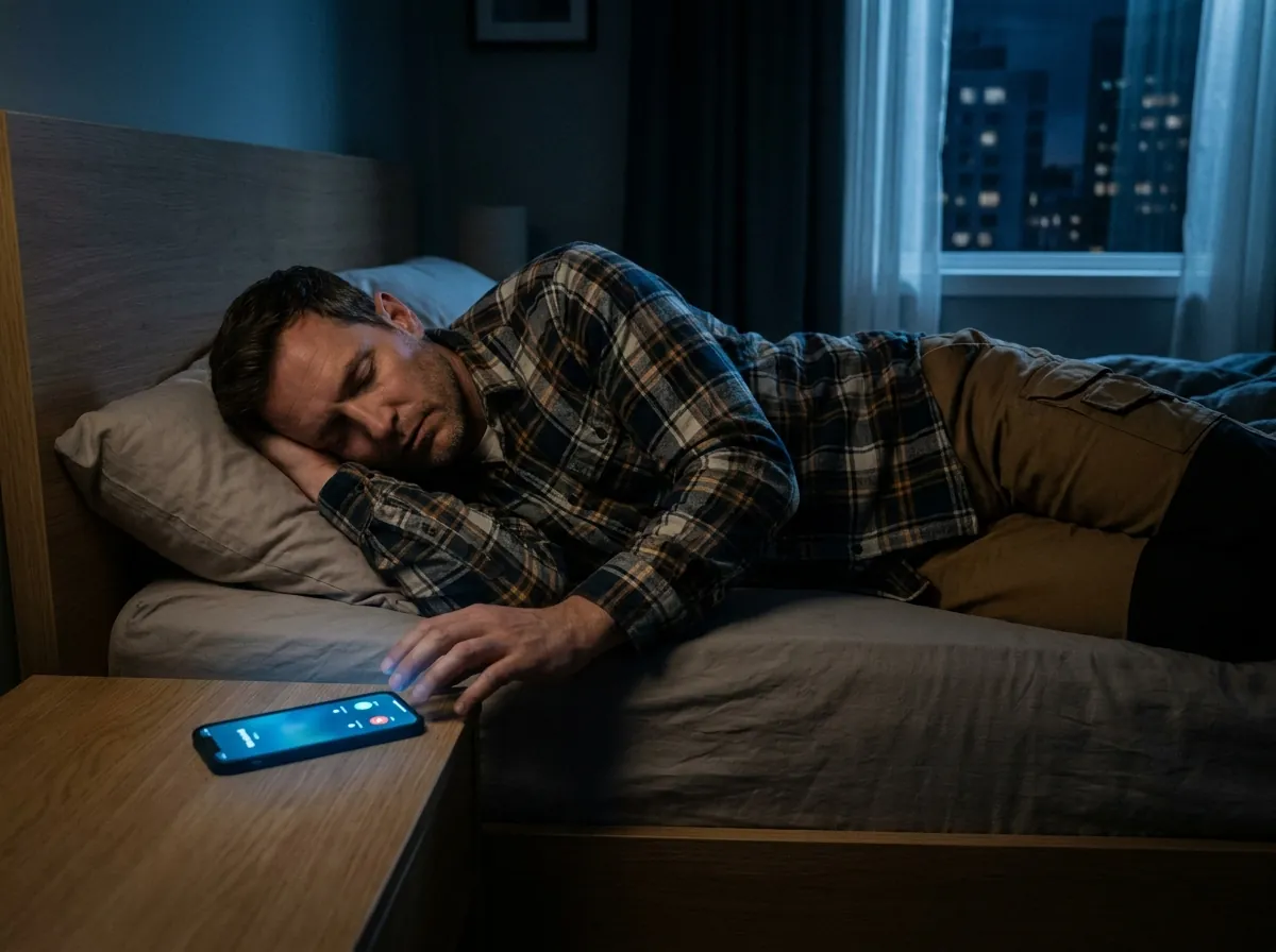 A tradie asleep at 11pm while an AI answering service for tradies handles a routine pricing call
