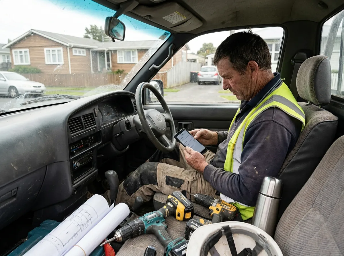 A builder setting up call forwarding to an AI answering service from a ute between jobs
