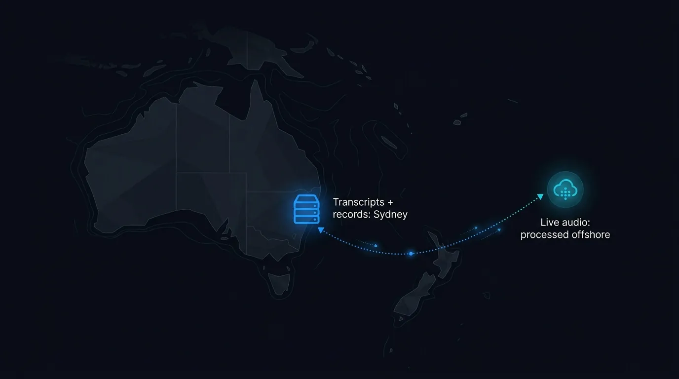 Map showing clinic transcripts and records on Sydney servers while live call audio is processed offshore