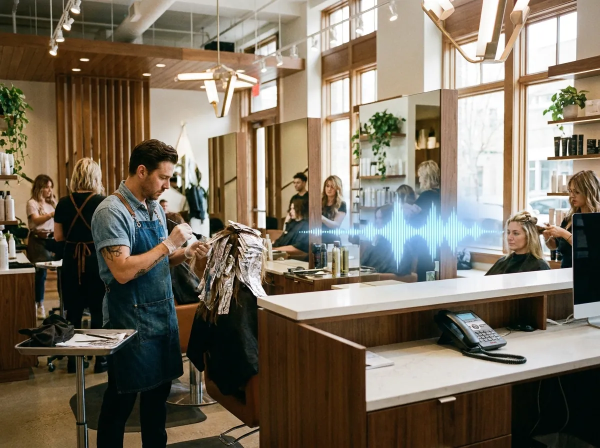 A stylist working on a colour client while an AI receptionist for salons answers the ringing phone