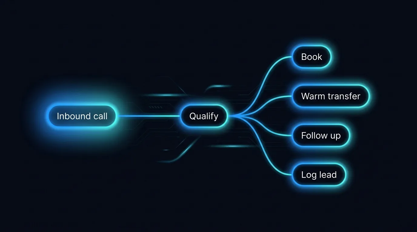 Inbound call flow showing intent capture, qualification grading, then booking or warm transfer of a hot lead