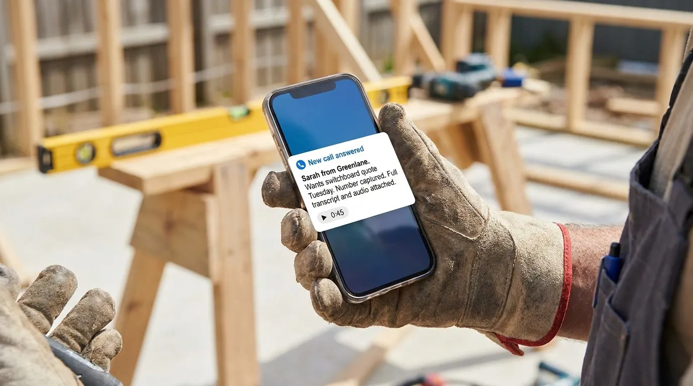 A warm transfer from an AI receptionist arriving on a tradie's phone with the caller's details summarised