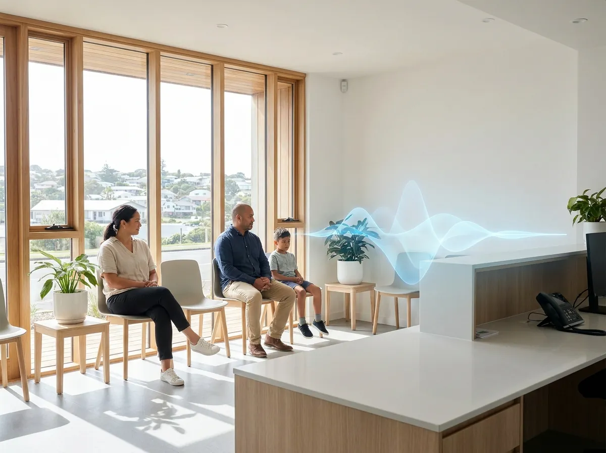 A clinic waiting room at 8am while an AI receptionist for medical clinics answers every caller at once