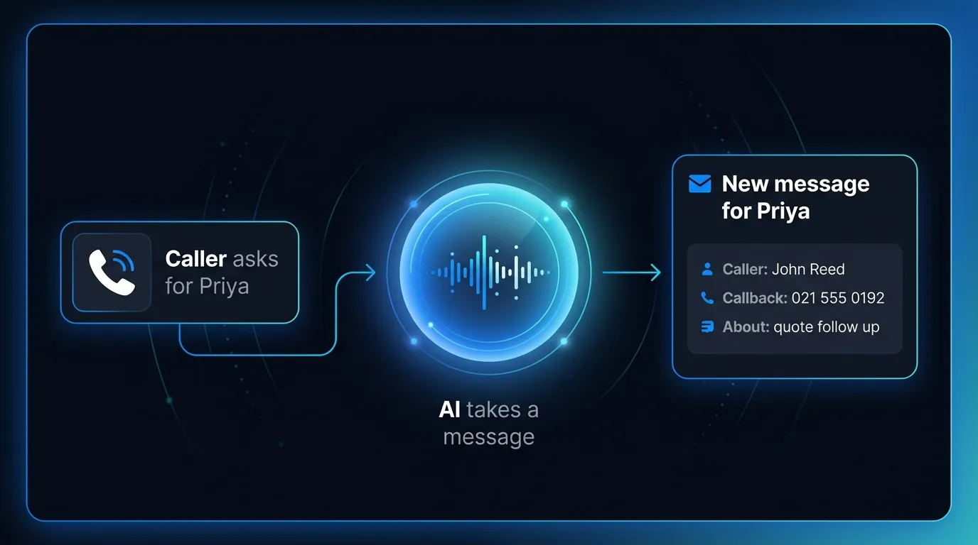 The AI receptionist transfers calls and takes messages, emailing each message to the right person's inbox
