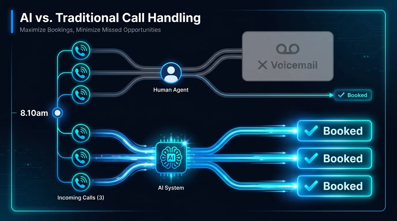 Three calls at 8.10am: human queues two to voicemail, AI receptionist books all three live