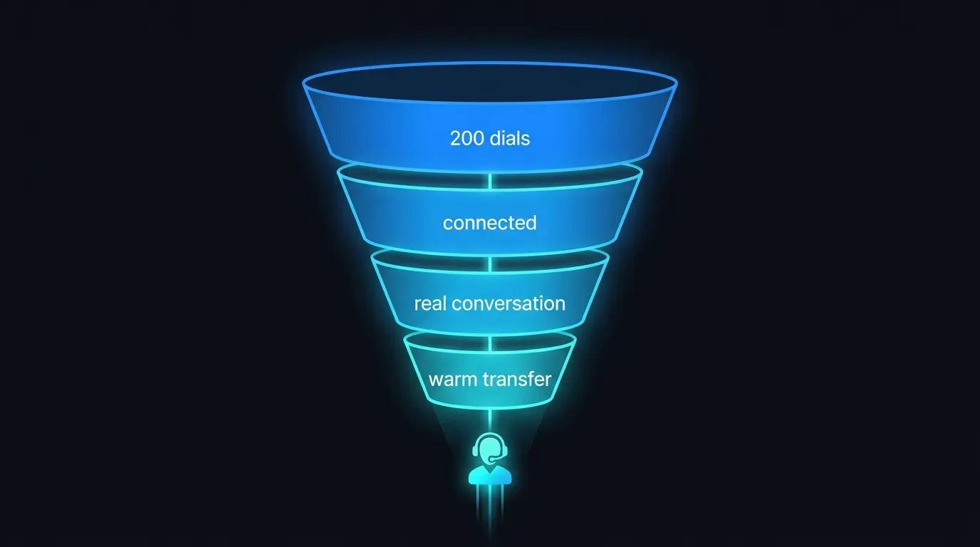 Funnel diagram showing 200 dials narrowing to connected calls, real conversations, and warm transfers to a rep