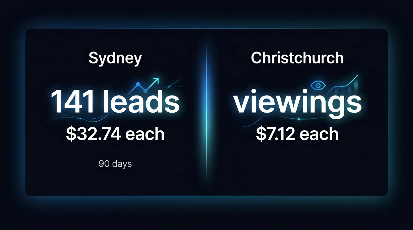 Two-panel results card showing 141 vendor leads at 32.74 dollars each in Sydney and viewings at 7.12 dollars each in Christchurch