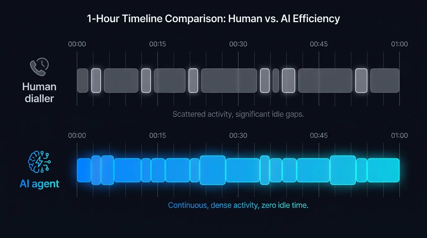 Human dialler versus AI agent over one hour, the agent with no idle gaps working far more dials in the same time