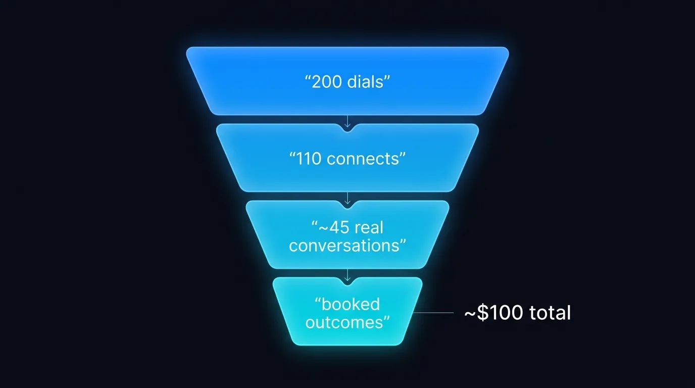 Outbound funnel showing 200 dials narrowing through connects to real conversations and booked outcomes at about $100 total